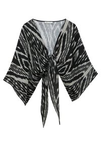 Top kimono aperto con maniche a kimono, in nero e grigio con motivo, dettaglio a nodo frontale e maniche ampie e fluide.