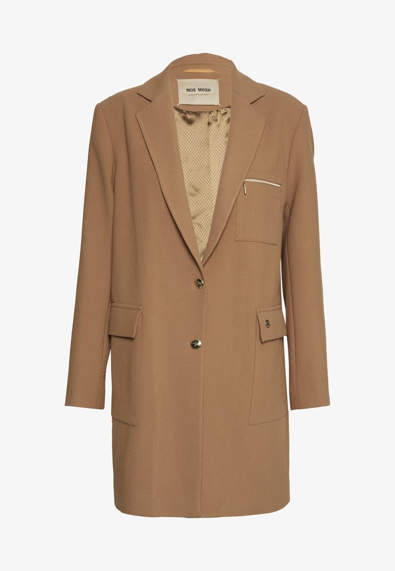 Blazer long beige avec deux poches avant à rabat, une poche poitrine zippée, deux boutons et une doublure intérieure à motifs.