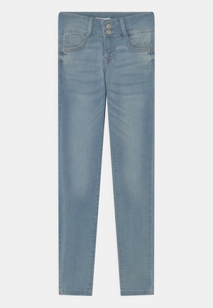 Lichtblauwe spijkerbroek met een slim fit, voorzien van een sluiting met twee knopen, vijf zakken en subtiele vervagingen op de stof.