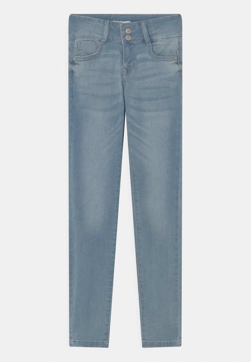 Lichtblauwe spijkerbroek met een slim fit, voorzien van een sluiting met twee knopen, vijf zakken en subtiele vervagingen op de stof.