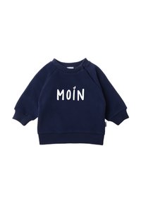 Navy blue sweatshirt with white lettering "MOIN," featuring a round neck, long sleeves, and ribbed cuffs and hem. Soft texture, casual fit.