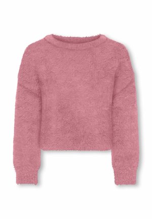 Pull court rose duveteux à manches longues avec un col rond et un tissu doux et texturé.