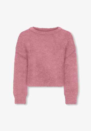 Pull court rose duveteux à manches longues avec un col rond et un tissu doux et texturé.