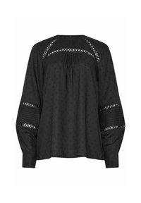 Blusa nera con scollatura rotonda, maniche lunghe a sbuffo, tessuto testurizzato e fori occhiello lungo le spalle e le maniche.