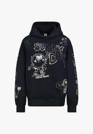 Navy blue hoodie with a large graphic featuring a sun character and text "SUNNY DAY" in colorful typography. Accented with flowers and playful designs.