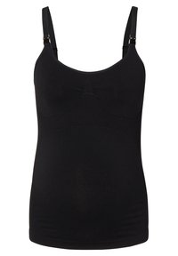 Zwarte zwangerschaps tanktop met verstelbare bandjes, geribbelde textuur en een fitted ontwerp. Heeft een ronde hals en rekbaar materiaal.