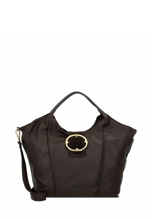 Bolso tote de cuero marrón con un adorno de hebilla circular dorada, con un diseño espacioso y una correa para el hombro desmontable. Textura suave.