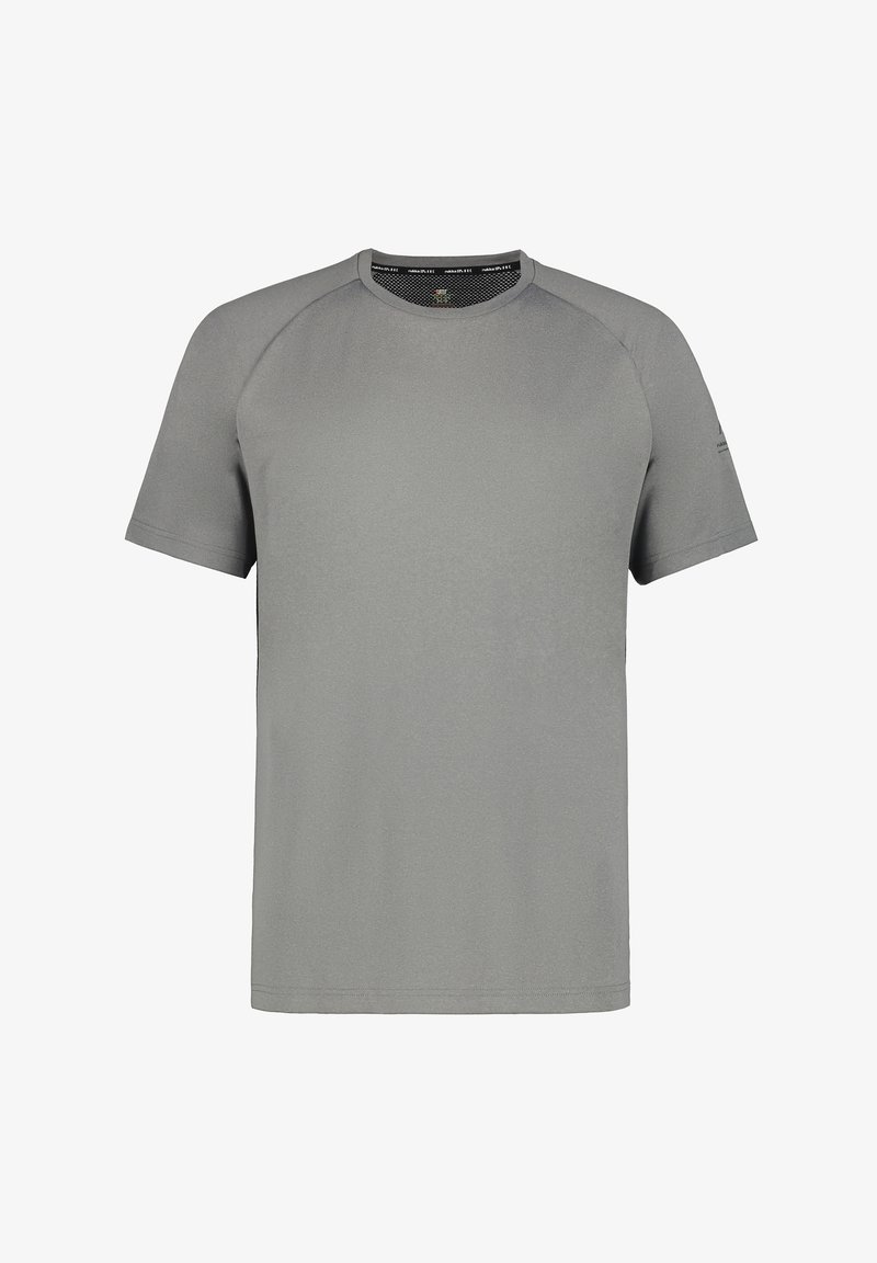 Grå kortærmet t-shirt lavet af let og åndbart stof. Har en rund halsudskæring og raglanærmer med en subtil tekstur.