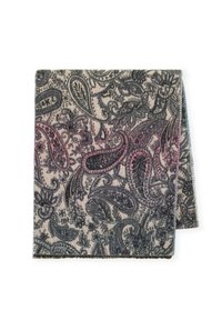 Couverture à motif paisley dans des couleurs atténuées, présentant des nuances de bleu foncé, rose et beige. Texture douce avec des bords frangés.