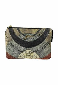 Ritszak gemaakt van gestructureerde stof, met een collage van cirkelvormige patronen in gedempte tinten, met zwarte en gouden accenten.