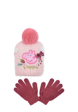 Pink knitted hat with fluffy pom-pom and Peppa Pig design; includes maroon gloves with five-finger design. Soft texture and cozy feel.
