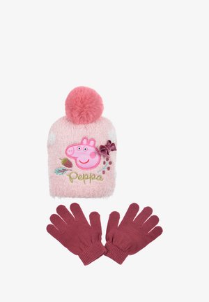 Rosa Strickmütze mit flauschigem Pompon und Peppa Pig Design; inklusive kastanienbrauner Handschuhe mit Fünf-Finger-Design. Weicher Stoff und angenehmes Tragegefühl.