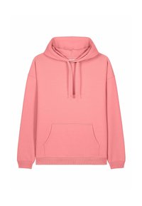 Világos rózsaszín kapucnis pulóver, kenguru zsebbel, húzózsinóros kapucnival és bordázott mandzsettákkal. Pamutból készült, puha, sima tapintással.