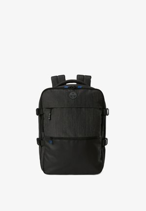 Sac à dos rectangulaire noir avec bretelles rembourrées, poches zippées à l'avant, boucles latérales et un logo circulaire en haut au centre.