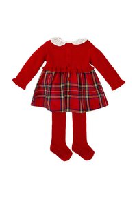 Vestido de punto rojo con falda de cuadros, cuello con volantes y cierre de botones. Incluye medias rojas de textura suave.