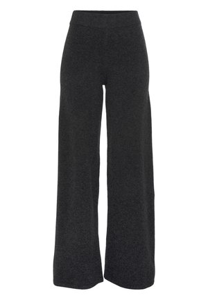 Dunkelgraue, weit geschnittene Hose mit elastischem Bund und voller Länge, auf weißem Hintergrund ohne sichtbare Muster oder Taschen dargestellt.