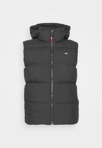 Gilet imbottito nero con colletto alto, zip frontale e due tasche laterali. Sezioni testurizzate creano un motivo trapuntato.