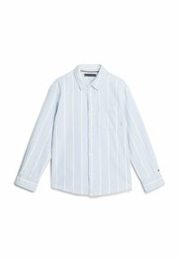 Camicia azzurro chiaro a maniche lunghe con strisce verticali bianche, chiusura con bottoni sul davanti, una tasca sul petto e colletto. Tessuto testurizzato.