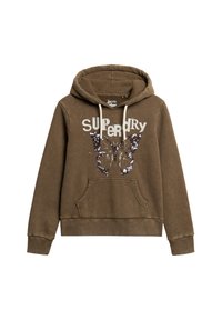 Bruine hoodie met een verstelbare capuchon, een zak aan de voorkant en witte "SUPERDRY" tekst. Heeft een vlinderontwerp van pailletten. Zacht materiaal.