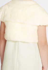 Copricollo di pelliccia crema senza maniche indossato su un vestito chiaro, visto da dietro su una persona con le braccia scoperte.