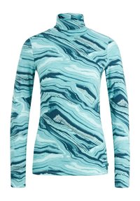 Maglietta a maniche lunghe con collo alto di colore turchese, decorata con motivi ondulati astratti in blu più chiaro e più scuro. Tessuto morbido ed elasticizzato con un design aderente.
