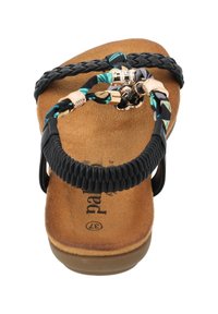 Zwarte gevlochten flip-flop sandaal met een tan suède voetbed, voorzien van multikleurige strapaccenten en details in verguld metaal.