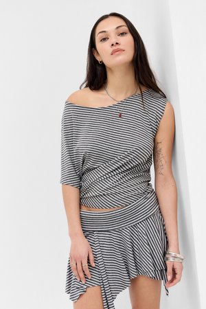 Striped gray and white off-the-shoulder top with a twisted design and matching ruffled skirt, made of soft, lightweight fabric.