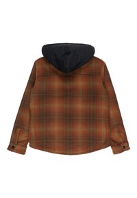 Camicia in flanella con un motivo a quadri marrone e arancione, dotata di un attacco per cappuccio nero, orlo arrotondato e polsini con bottoni.