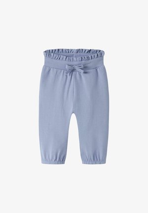 Jasnoniebieskie spodnie dla niemowląt z elastycznym paskiem w talii, falbanką na górnej krawędzi, kokardką oraz elastycznymi ściągaczami przy kostkach.
