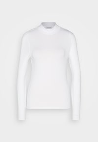 Langärmliges weißes Turtleneck-Oberteil aus glattem Stoff. Hat eine figurbetonte Silhouette ohne Muster oder Verzierungen.