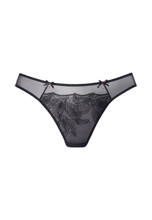 Mustat läpikuultavat pitsialushousut, joissa on kukkakirjailu, koristeelliset rusetit ja pienet metallirenkaat valkoisella taustalla.