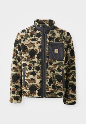 Textured fleece jacket with a leopard pattern in tan, black, and green, featuring a front zip and a black pocket with an emblem.