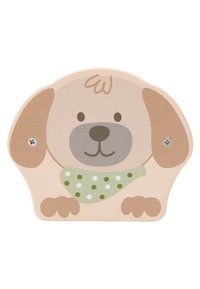 Light wood dog figure with a beige body, gray snout, and brown ears. Decorated with a green scarf featuring white polka dots.
