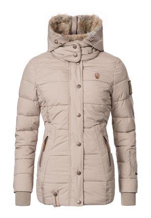 Beige gewatteerde jas met een met nepbont gevoerde capuchon, ritszakken aan de zijkanten, geribbelde manchetten en een logo-embleem op de borst.
