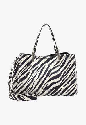 Sac à main avec rayures zébrées noires et blanches, deux poignées supérieures, bandoulière amovible et accessoires en argent.