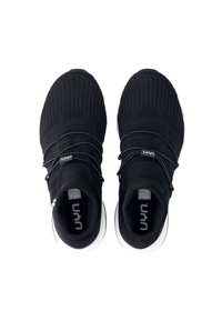Black knit athletic shoes with a sleek, sock-like design, featuring elastic laces and a white sole for contrast.