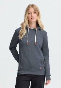 Haut à capuche gris foncé en tissu doux, doté d'une poche frontale, de cordons de serrage avec des accents en cuir et de manches et d'ourlet côtelés.