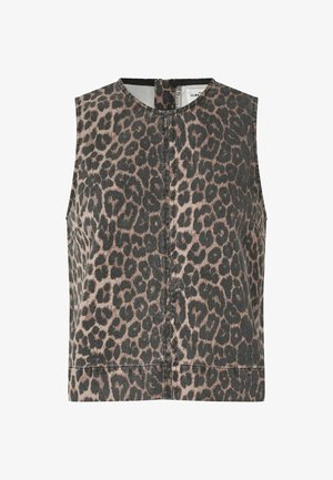Sleeveless top in a leopard print pattern, featuring gray and tan colors, a round neckline, and a straight hemline.