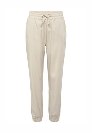 Pantaloni jogger beige chiaro con vita elastica, coulisse regolabile, tasche laterali e polsini elastici. Tessuto liscio, vestibilità rilassata.