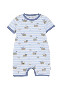 Blau-weißer gestreifter Kurzarm-Overall mit einem verspielten Druck von Booten und Meereslebewesen. Aus Baumwollmaterial mit Druckknopfverschluss an der Unterseite.
