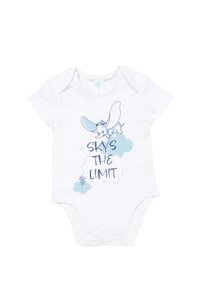 Body bianco per neonato con grafica di Dumbo che vola, nuvole blu e testo "Il cielo è il limite" in blu sul davanti.