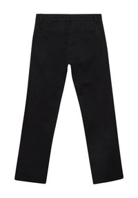 Schwarze gerade geschnittene Hose mit Gürtelschlaufen und zwei aufgesetzten Taschen hinten, flach von hinten präsentiert.