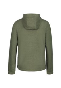 Giacca in fleece verde oliva con maniche lunghe e cappuccio, mostrata da dietro su uno sfondo bianco.