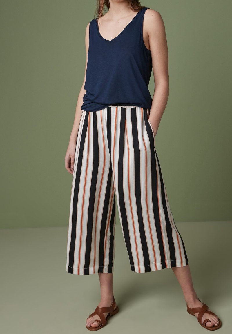 Femme portant un haut sans manches bleu marine, un pantalon large taille haute rayé en noir, blanc et orange, avec des sandales marron, debout sur un sol vert atténué.