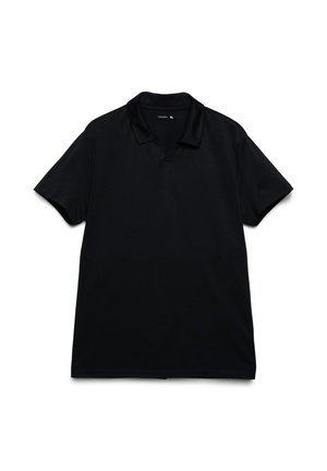 Polo nera a maniche corte con colletto classico e vestibilità rilassata. Realizzata in tessuto liscio senza motivi o dettagli visibili.