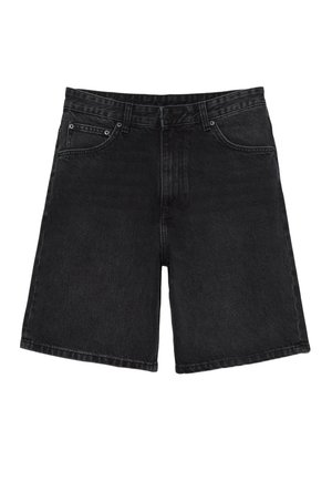 Zwarte denim shorts met voorzakken en een muntzakje, lussen voor een riem en een knoopsluiting.