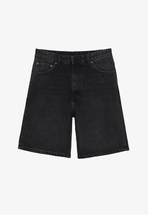 Zwarte denim shorts met voorzakken en een muntzakje, lussen voor een riem en een knoopsluiting.