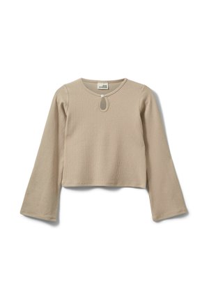 Beige cropped top van geribbelde stof met een ronde halslijn, lange mouwen en een keyhole-detail aan de voorkant in het midden.