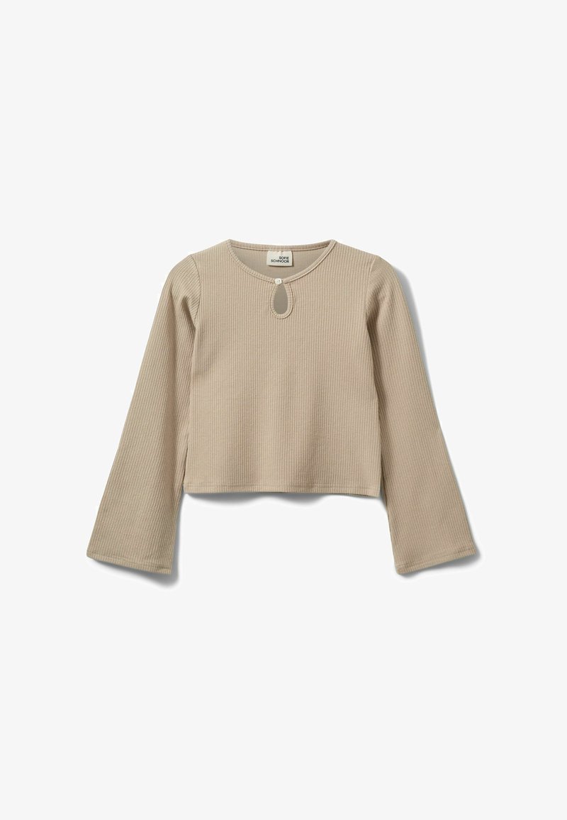 Bež kratka majica iz rebraste tkanine z okroglim izrezom, dolgimi rokavi in ključavnico na sredini spredaj.