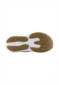 Semelle de chaussure avec une base blanche et un caoutchouc brun texturé, présentant un motif de formes circulaires et ovales pour l'adhérence.